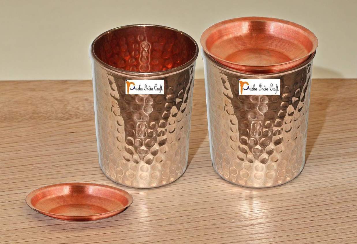 Hammered design copper glass tumbler (set of 2x250ml) | PRISHA INDIA CRAFT