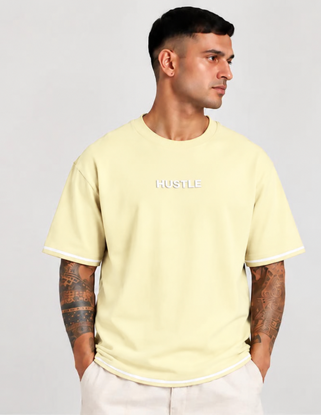 HUSTLE Men's Crew Neck Oversized T-Shirt – Warm Cream