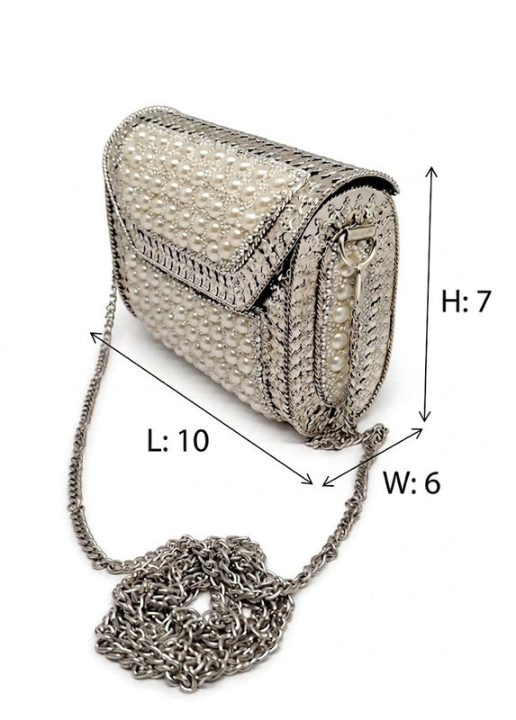 Buddy Cares Metal Bag for Women, Silver Pearl Embellished Clutch Purse with Chain Strap – Capsule – view 2 – Buddy Cares