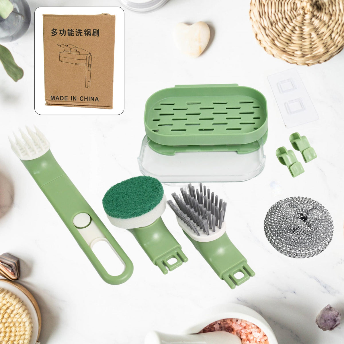 Dish Brush Set With Handle Replacement Heads Drain Tray In Kitchen (9 Pcs Set) HP DD