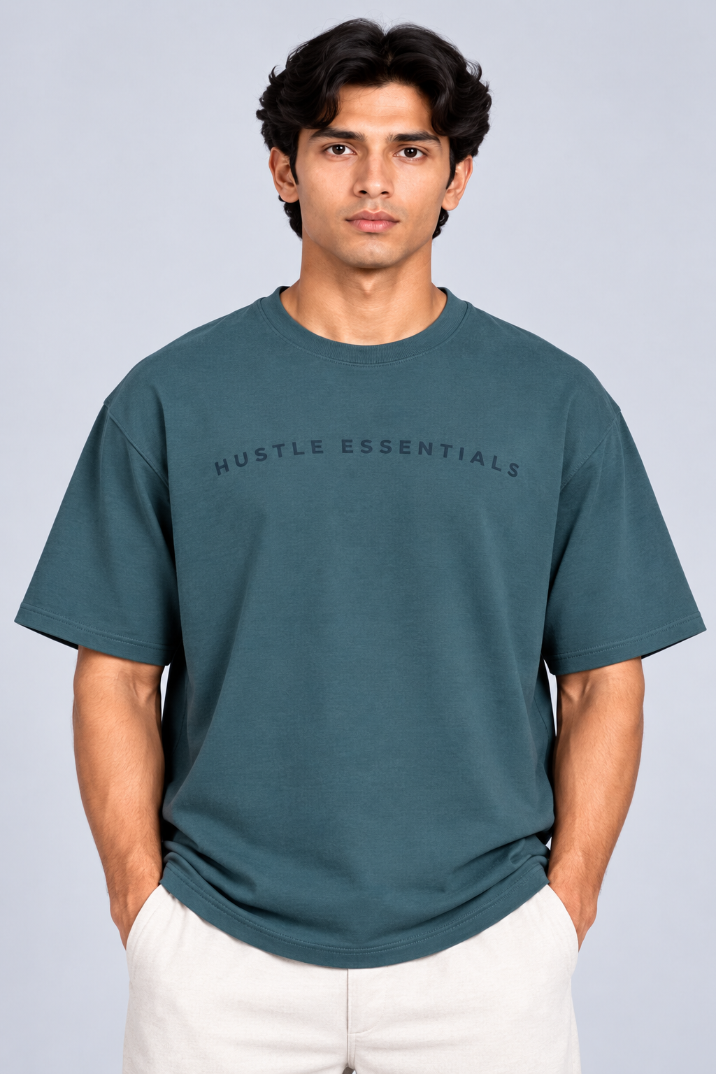 HUSTLE Men's Crew Neck Oversized Tees - Musted Teal Green