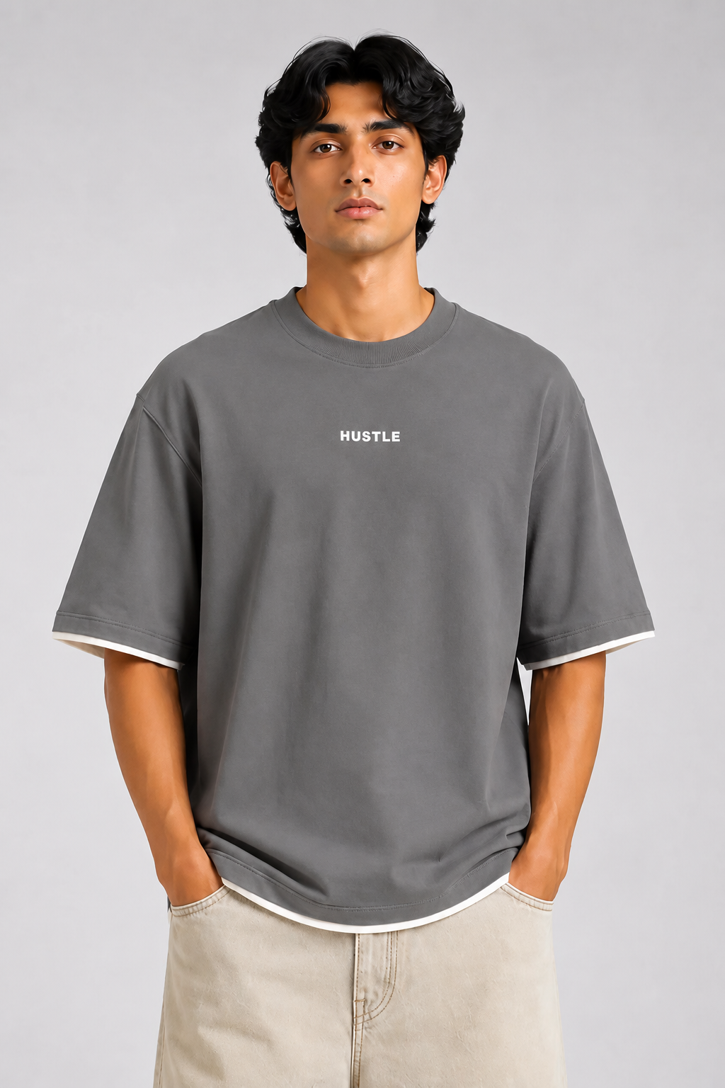 HUSTLE Men's Crew Neck Oversized Tees - Iron Gray