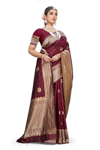 AXONIT Classic Maroon Banarasi Silk Saree with Traditional Zari Motifs