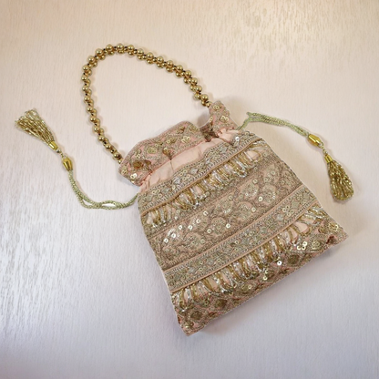 Champagne Gold Embroidered Potli Bag – Festive Clutch for Women
