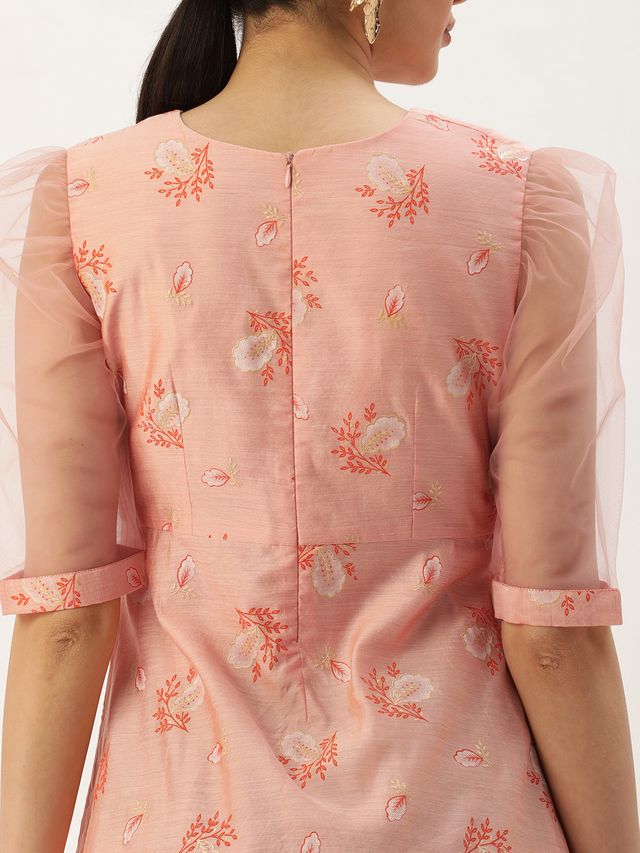Bollywood Vogue Ready To Wear Peach Foil Printed A Line Dress