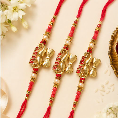 Designer Beaded Rakhi for Brother | Golden Bhai Raksha Bandhan Rakhi Set (Pack of 3)
