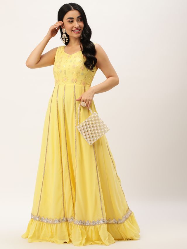 Bollywood Vogue Ready To Wear Yellow Embroidered  Georgette Kali Gown