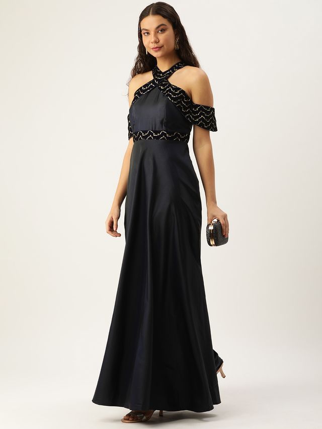 Bollywood Vogue Ready To Wear Navy Blue Velvet Embroidered Off Shoulder Dress