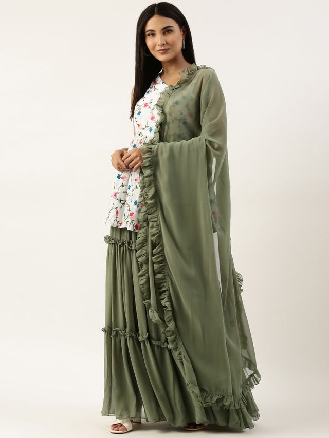 Bollywood Vogue Ready To Wear White Embroidered N Green Georgette Salwar Set