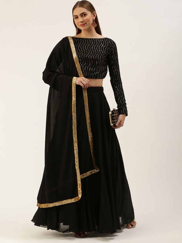 Bollywood Vogue Ready To Wear Black Embroidered Sequins Lehenga