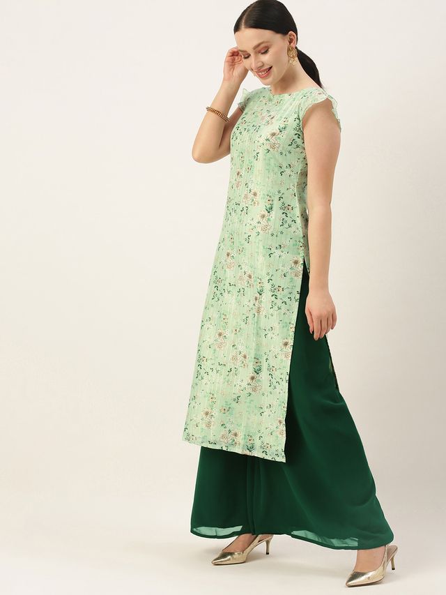 Bollywood Vogue Ready To Wear Green Muslin Print N Green Georgette palazzo Suit