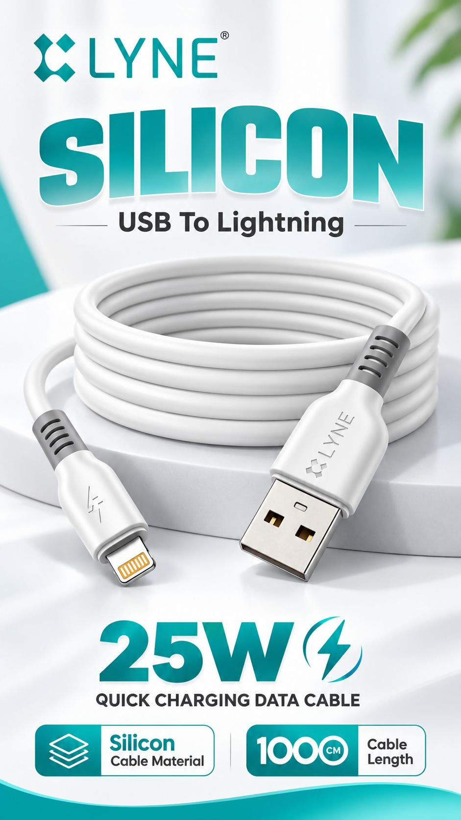 LYNE Flexy 67i Startup-66 25W USB-A to Lightning Quick Charging Data Cable – 1 Metre, White