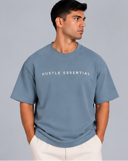 HUSTLE Men's Crew Neck Oversized T-Shirt – Dusty Blue