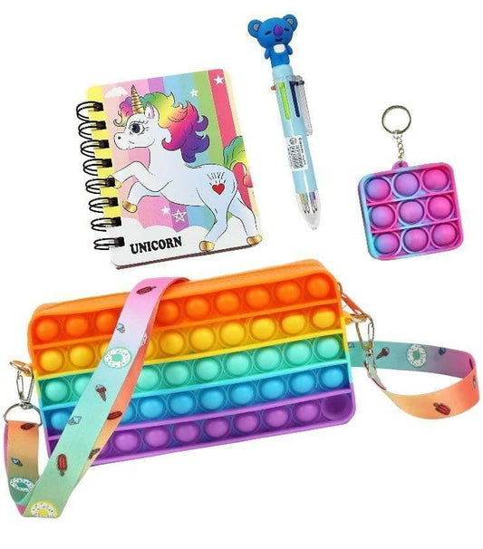 Unicorn Theme Sling Bag , Pocket Diary , 4 In 1 Pen & Pop It Keychain - HalfPe