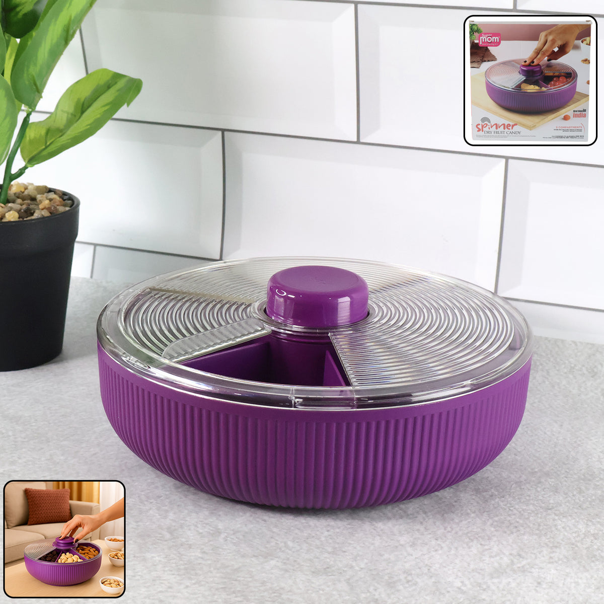 Supermom Multipurpose Round Rotating Dry Fruit & Snack Storage Container with Transparent Lid and Divided Compartments  (1 Pc)