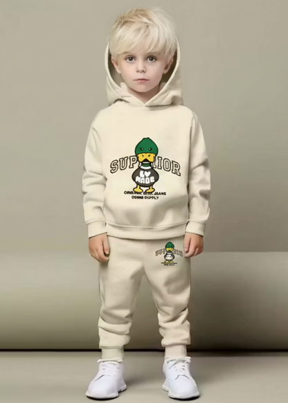 Kids Hooded Sweatshirt & Jogger Set – Superior Duck Graphic Printed Winter Wear (Cream) Luck Fashion