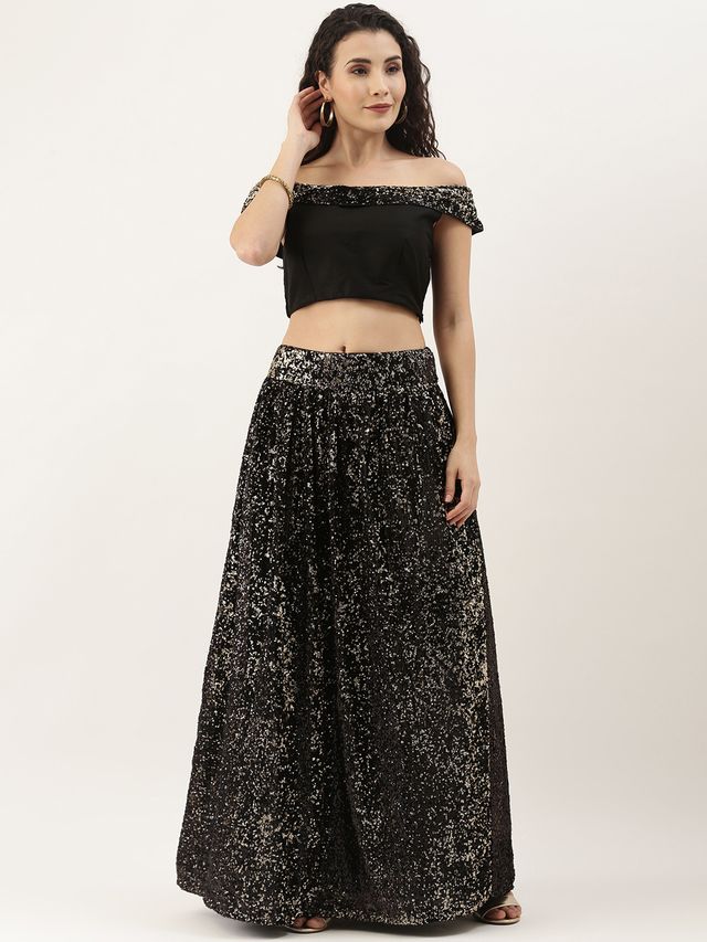 Bollywood Vogue Ready To Wear Black Sequins Embroidered Crop Top N Skirt