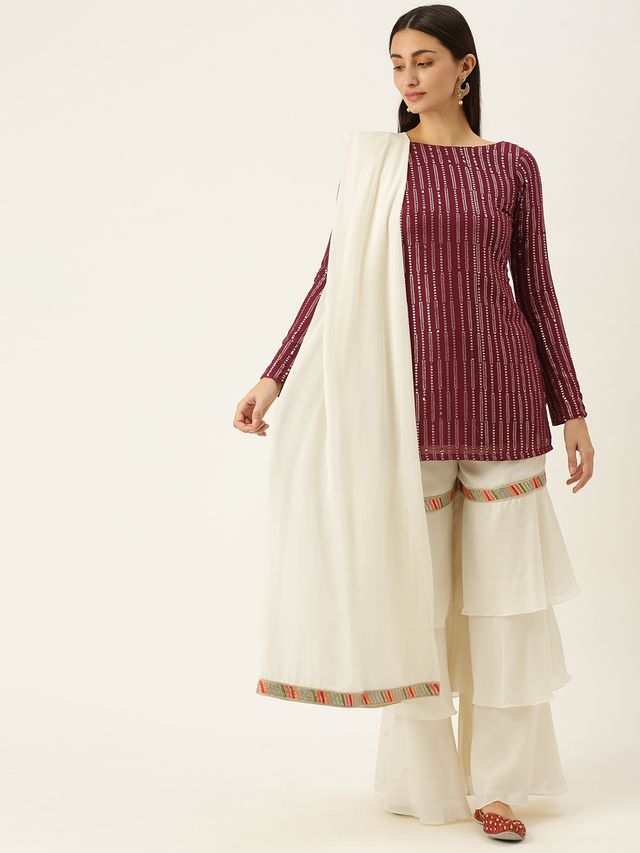 Bollywood Vogue Ready To Wear Off White N Maroon Embroidered Layered Gharara Suit