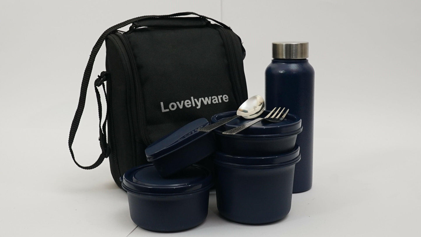 Office Lunch Box -5 Lunch Box (600ml, 400ml, 300ml, 150ml Container With Bottle 750ml With Spoon & Fork With Pickle Storage) - HalfPe