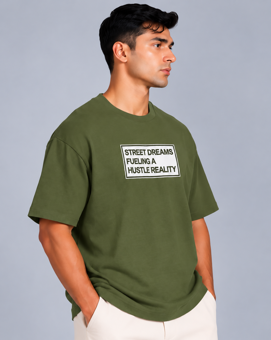 HUSTLE Men's Crew Neck Oversized T-Shirt – Dark Olive Green