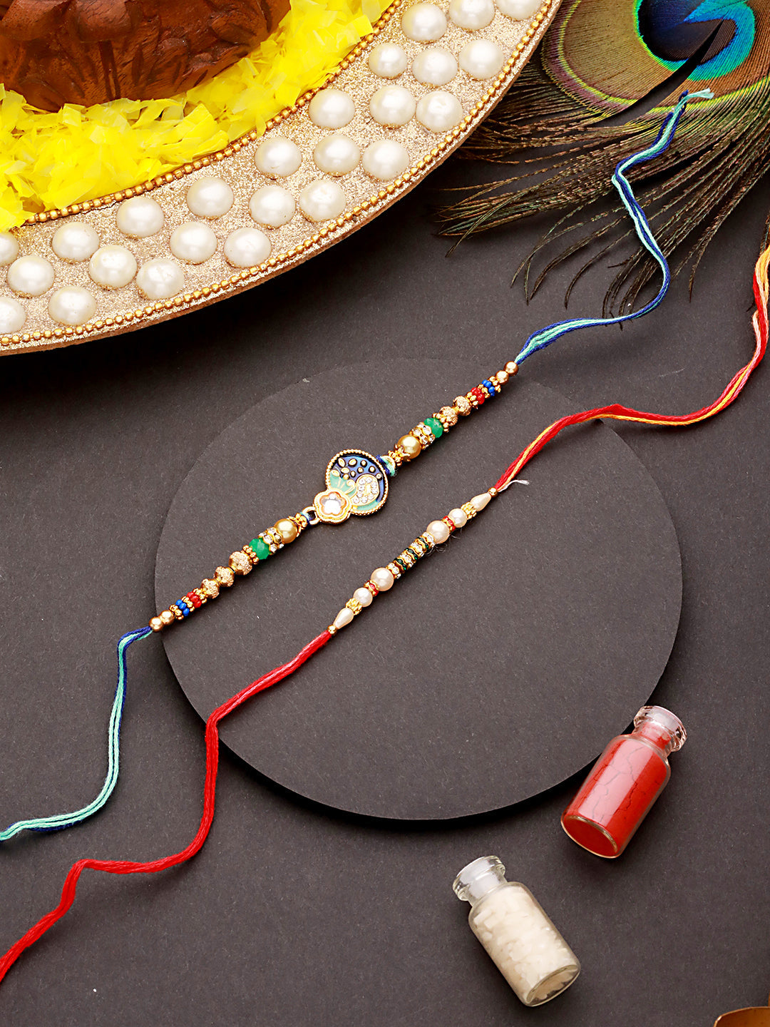 Jazz And Sizzle Set Of 2 Enameled & Faux Pearl Beaded Designer Thread Rakhi
