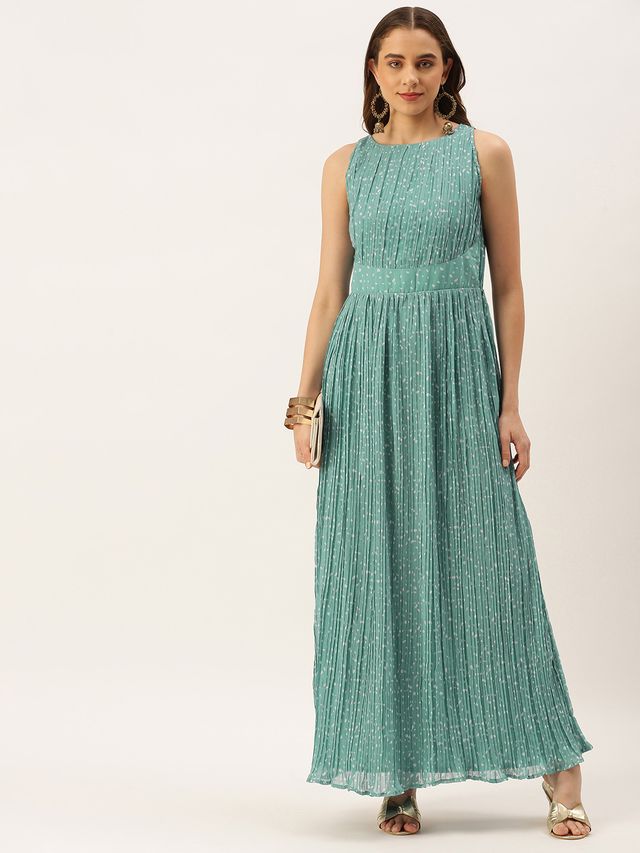Bollywood Vogue Ready To Wear Blue N White Printed Pleated Georgette Dress