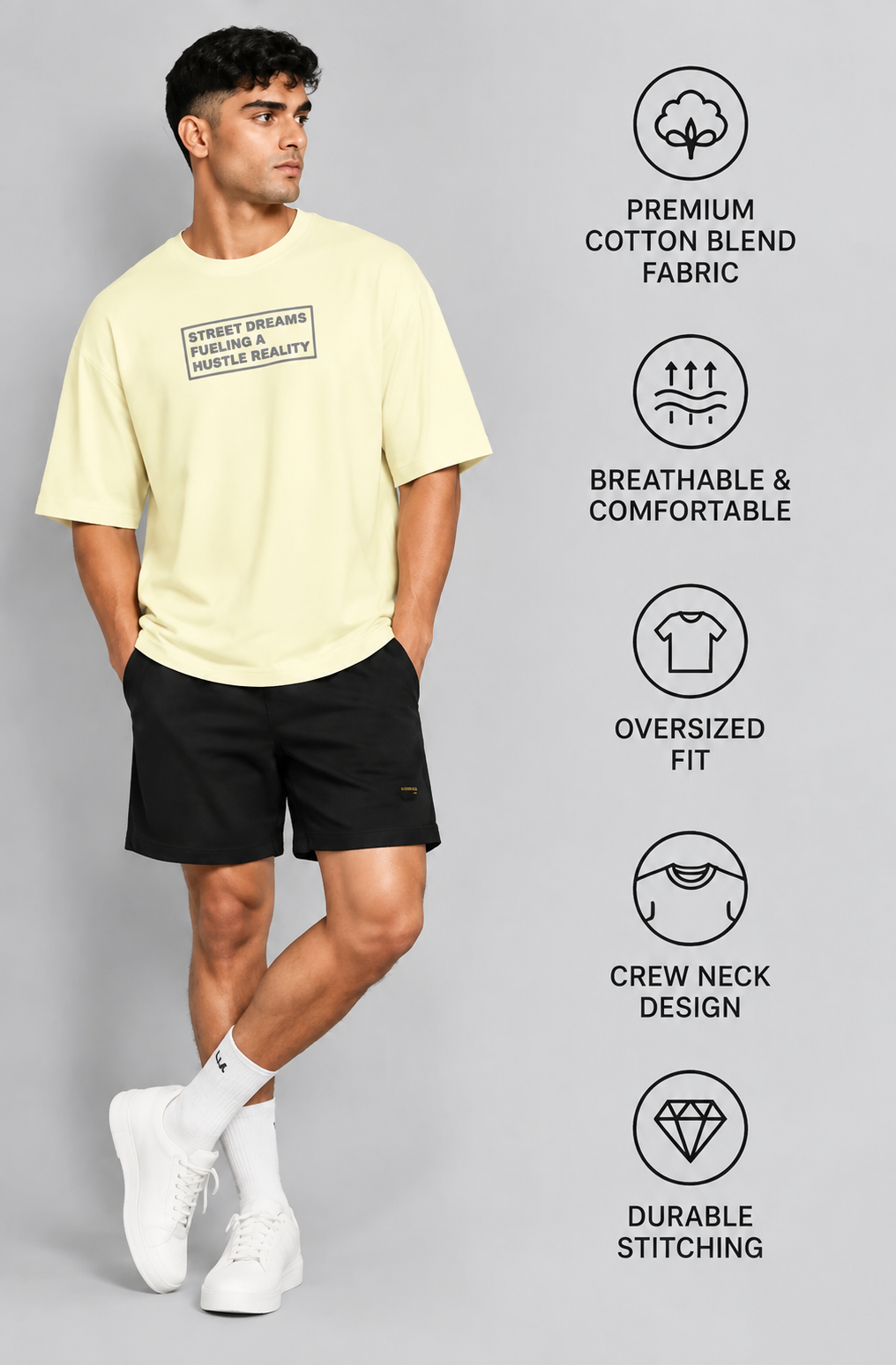HUSTLE Essentials Oversized Graphic T-Shirt for Men | Off White | Street Dreams Print