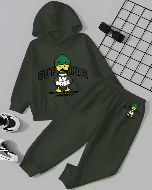 Kids Olive Green Duck Print Hoodie & Jogger Set Luck Fashion