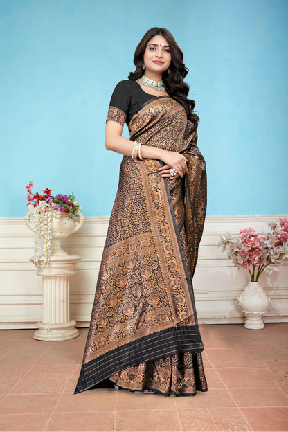 AXONIT Regal Black Banarasi Silk Saree with Floral Antique Zari Weave