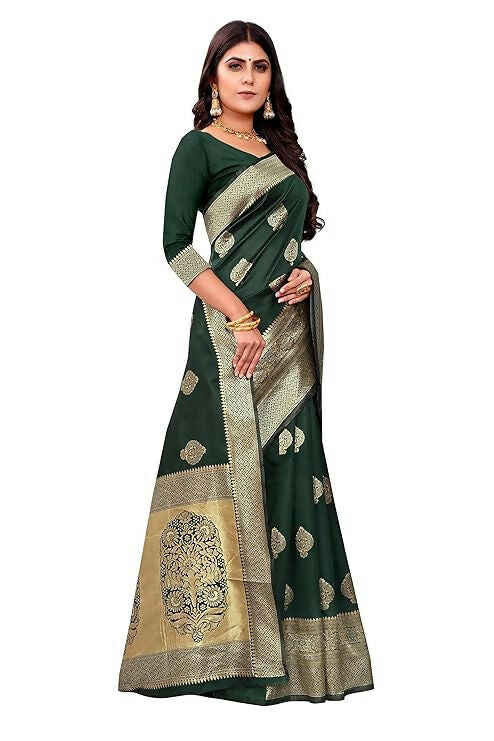 AXONIT Jacquard Silk Saree with Heavy Golden Zari Butta & Antique Gold Border
