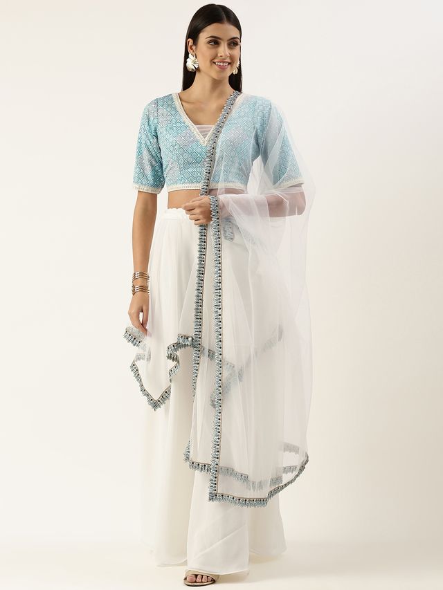 Bollywood Vogue Ready To Wear Off White N Multicoloured Lehenga Set