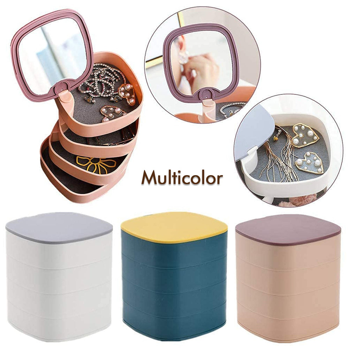 4 Layers Jewellery Box 360 Degree Rotating Jewelry Box Jewelry And Earring Organizer Box With Mirror Accessory Storage Box (Multicolor) HP DD