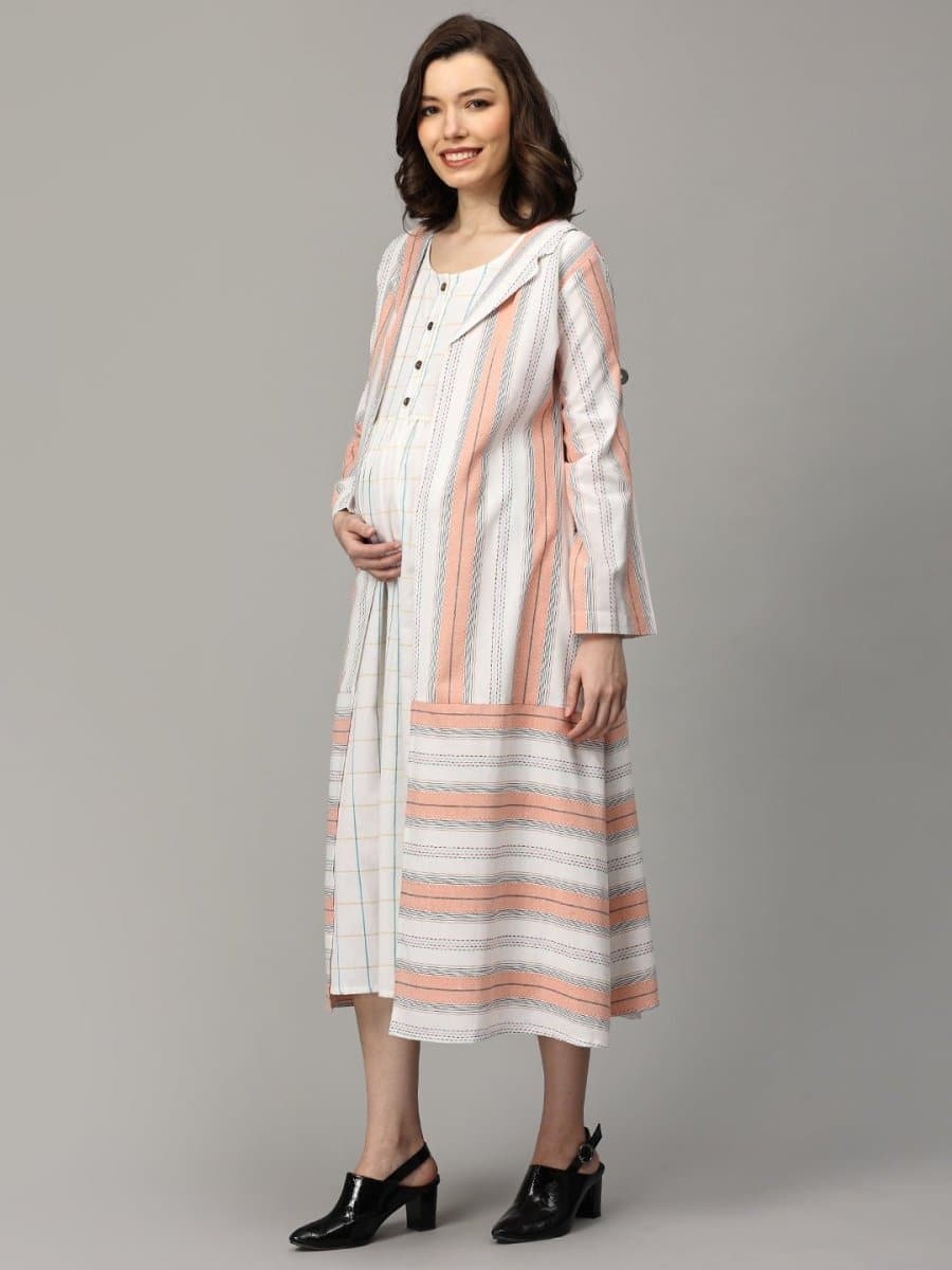 Apricot Aura Stripe Maternity and Nursing Shacket Dress - DRS-SK-APRAS-S