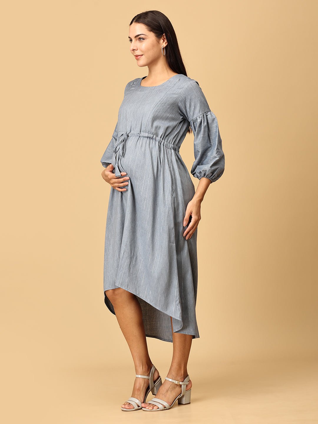 Arona Grey Shimmer Stripes Maternity and Nursing Dress - DRS - GYSHR - S
