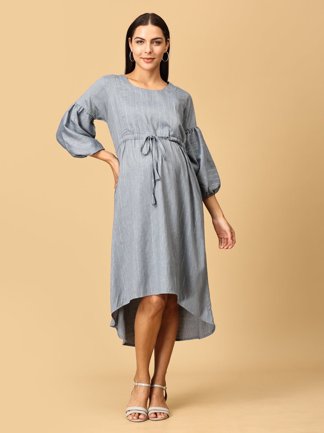 Arona Grey Shimmer Stripes Maternity and Nursing Dress - DRS - GYSHR - S