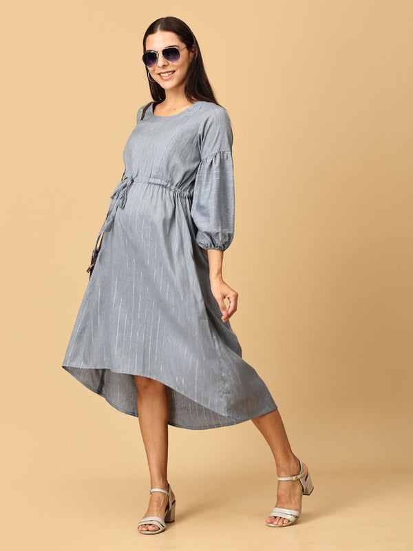 Arona Grey Shimmer Stripes Maternity and Nursing Dress - DRS - GYSHR - S