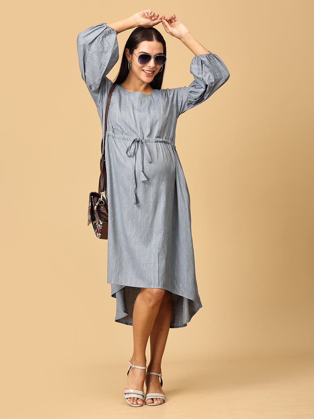 Arona Grey Shimmer Stripes Maternity and Nursing Dress - DRS - GYSHR - S