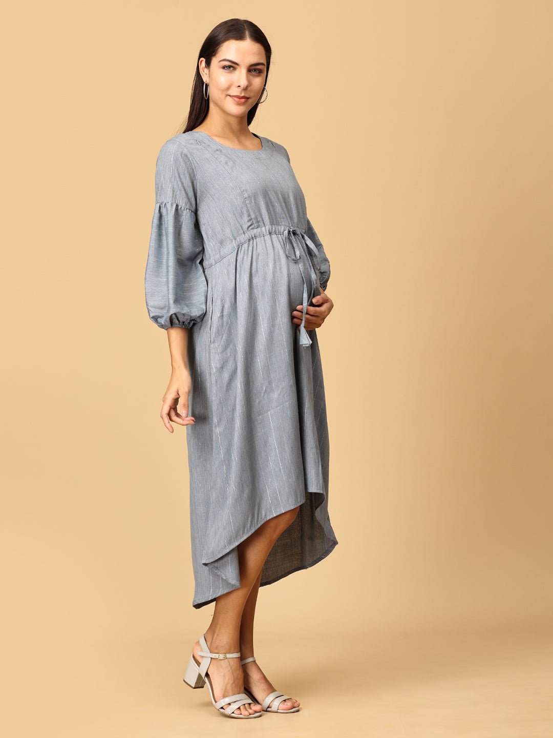 Arona Grey Shimmer Stripes Maternity and Nursing Dress - DRS - GYSHR - S