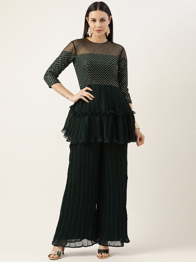 Bollywood Vogue Ready To Wear Green Georgette Sequins Wide Leg Pant Set