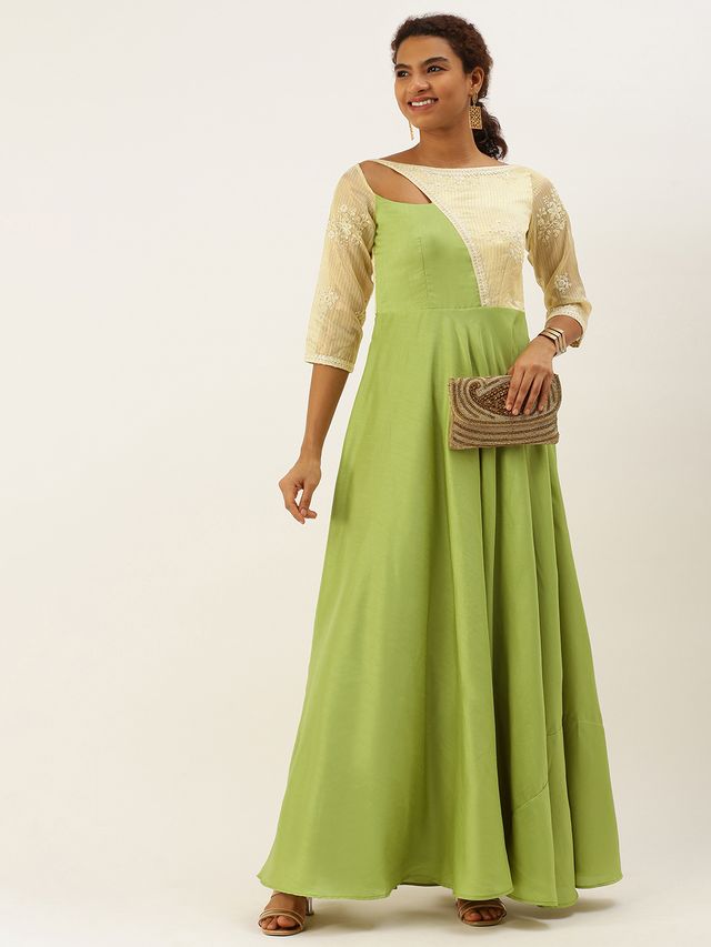 Bollywood Vogue Ready To Wear Olive Green N Off White Art Silk Embroidered Gown