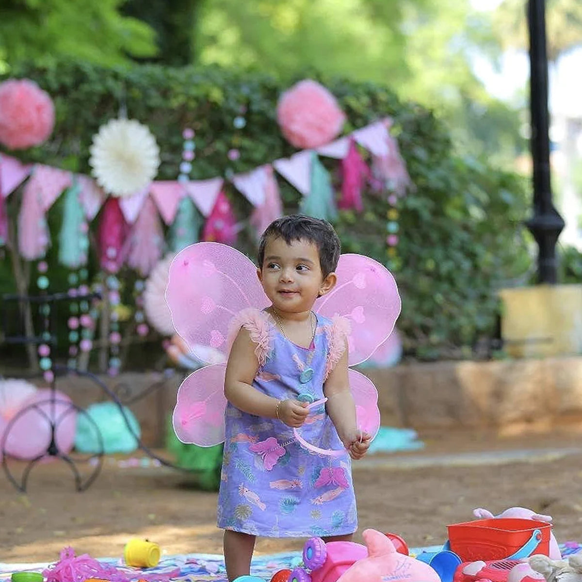 Baby Girls Fairy Nylon Butterfly Wings Costume Butterfly Fairy Angel Wing Wand And Hairband Multi- Color For Party (1pc)
