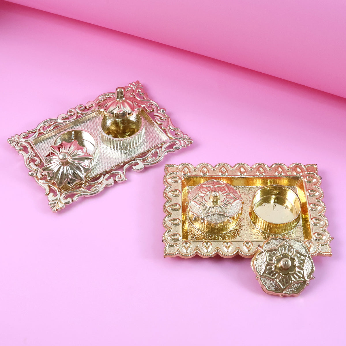 Ornate Rectangular Pooja Thali Tray with 2 Containers (Flower-Lid Kumkum Box + Open Bowl)