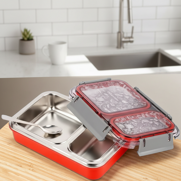 Oliveware Bento Master 2 Kids Lunch Box | with 2 dividers | Steel Spoon 2 Containers Lunch Box (600 ml, Thermoware) (MULTI COLOR) HalfPe - FW -TPT