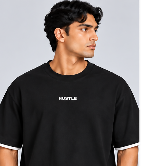 HUSTLE Essentials Men's Crew Neck Oversized T-Shirt – Black(Oversized fit)