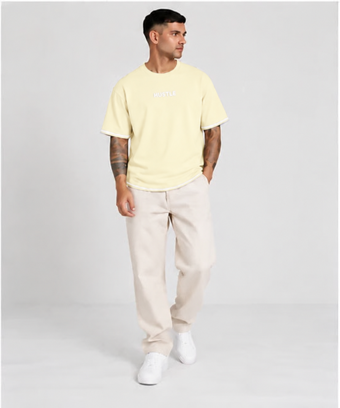 HUSTLE Men's Crew Neck Oversized T-Shirt – Warm Cream