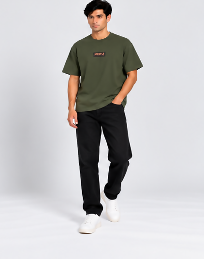 HUSTLE Men's Crew Neck Oversized T-Shirt – Deep Olive Green
