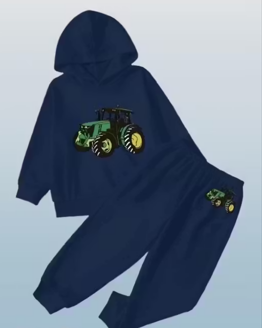 Kids Navy Blue Tractor Print Hoodie & Jogger Set Luck Fashion