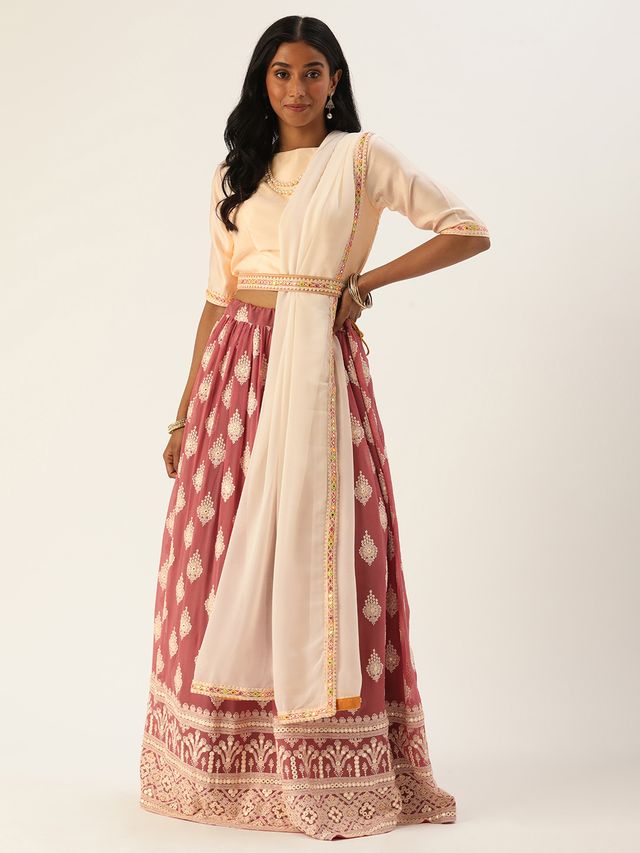 Bollywood Vogue Ready To Wear Off White N Brown Embroidered Lehenga Set