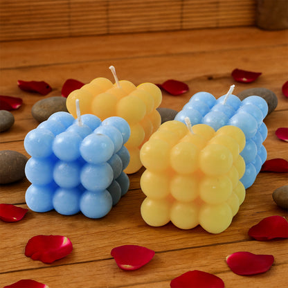 Set of 4 Colorful Cube Shaped Wax Candles – Decorative Ball Candles in Blue and Yellow for Home and Festival Decoration