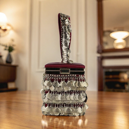 Antique Gold Coin Tassel Handbag – Luxe Velvet Box Clutch